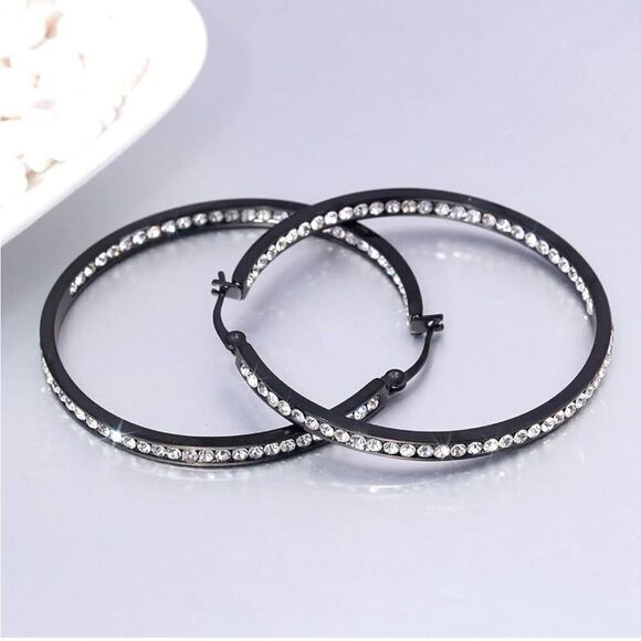 14K Black Gold with White Diamond Cubic Zirconia Big Hoop Latch Back Earrings - Picture 3 of 6